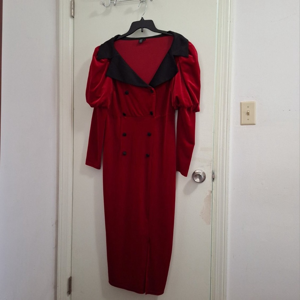 SHEIN Modely Puff Long Sleeve Velour Midi Red Dress w/Satiny Black Collar, Sz XL - Picture 2 of 15